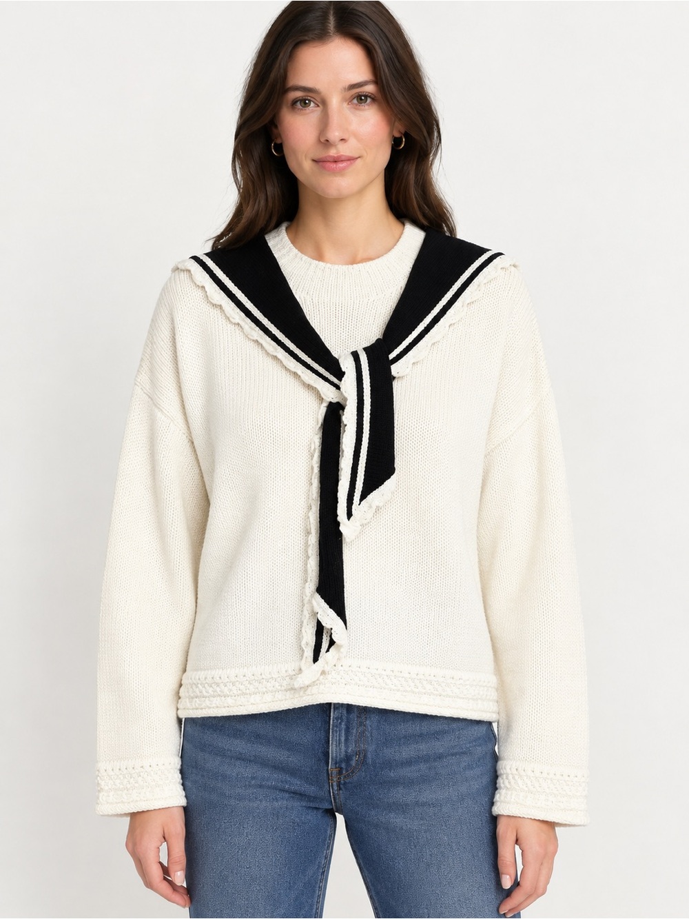 J. Crew Ivory Rollneck Knit Sweater with Black Sailor Collar L CS713